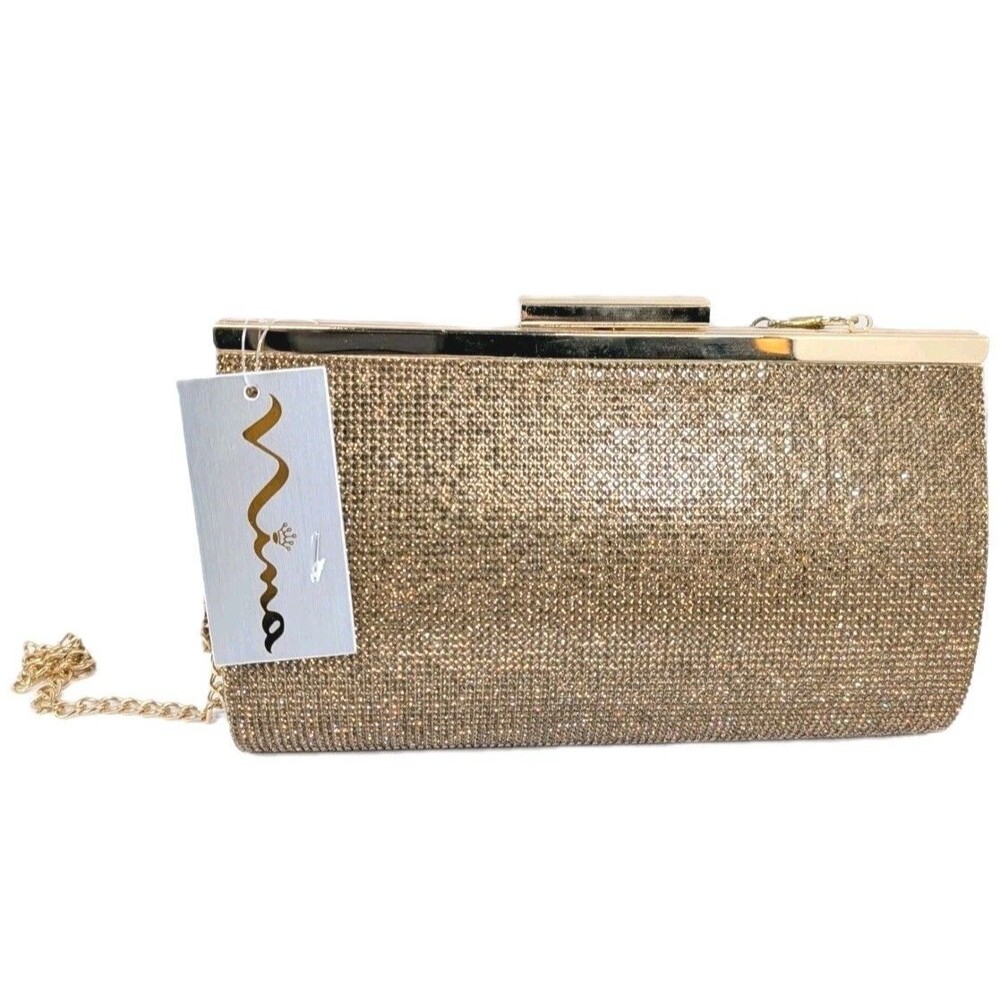 Nina Winslet Gold Crystal Frame Evening Clutch Bag with Chain Strap New